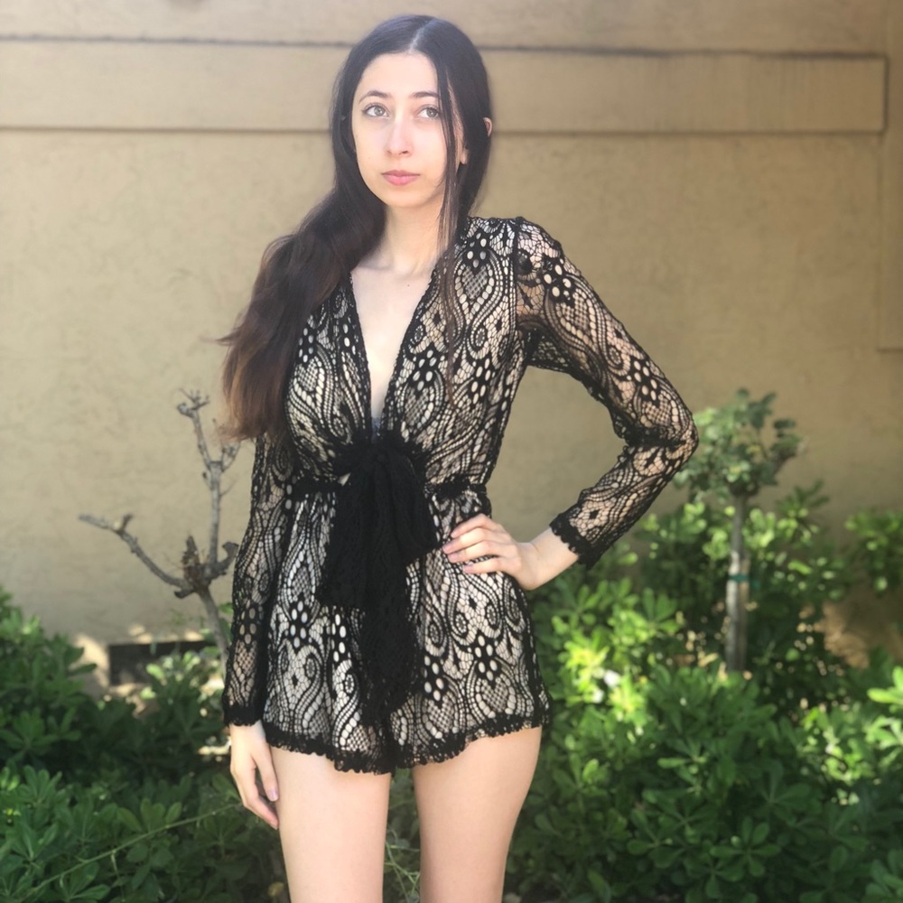 LF tie front black lace romper